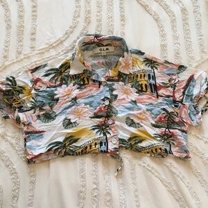 Tropical Print Cropped Button-Up Shirt S